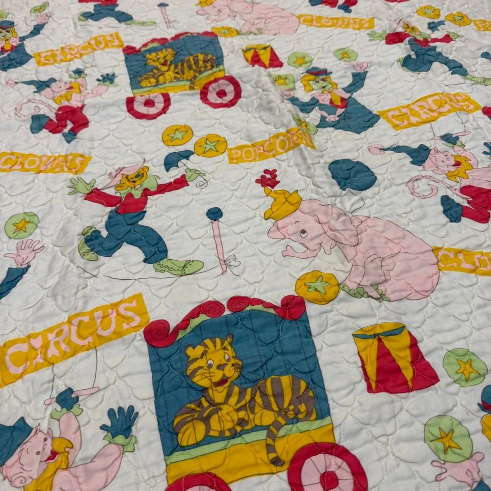 Vintage Circus Clown Baby Quilt Blanket White Multicolor 51x41 1970s 1980s